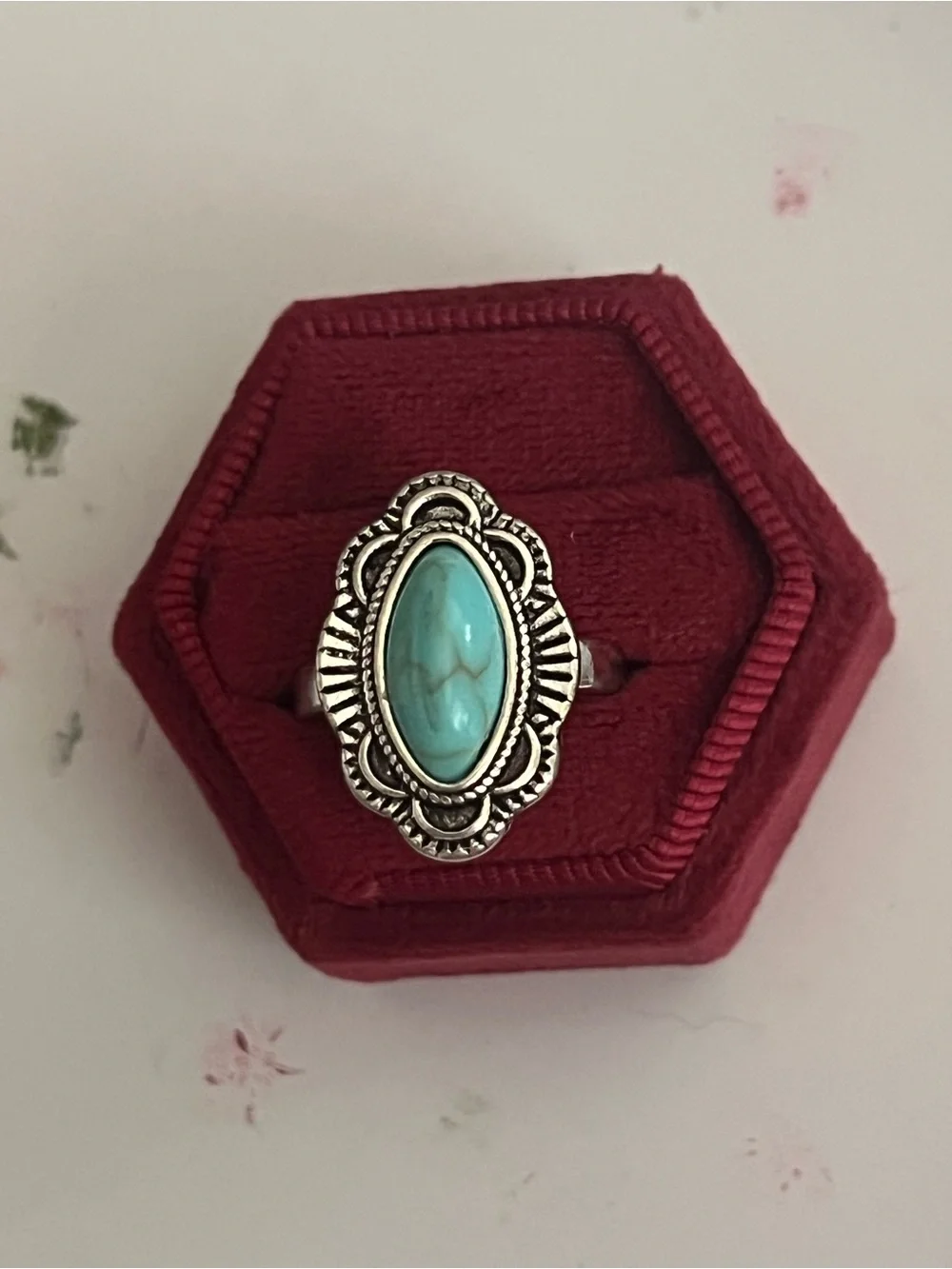 Silver Statement Ring with Turquoise Marquise Stone - Size 7